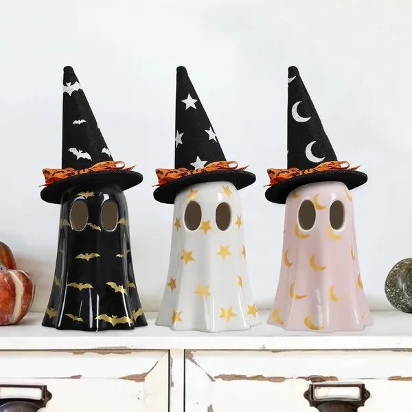 Set of 3 Ceramic Ghost Figurines with Witch Hats – Halloween Tabletop Decor - Image 5