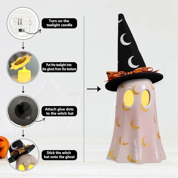 Set of 3 Ceramic Ghost Figurines with Witch Hats – Halloween Tabletop Decor - Image 2