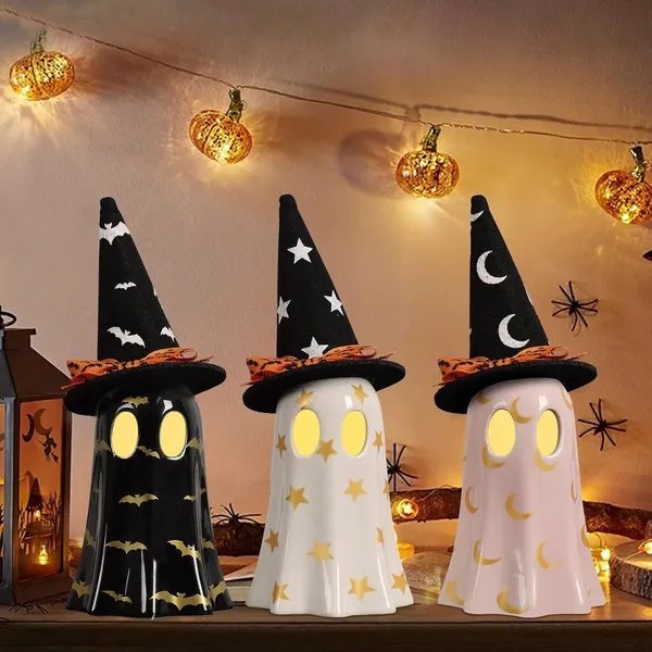 Set of 3 Ceramic Ghost Figurines with Witch Hats – Halloween Tabletop Decor