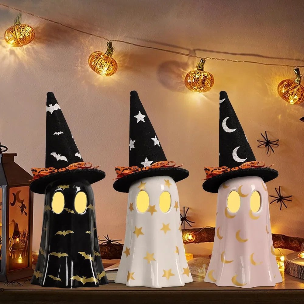 Set of 3 Ceramic Ghost Figurines with Witch Hats – Halloween Tabletop Decor - Image 6