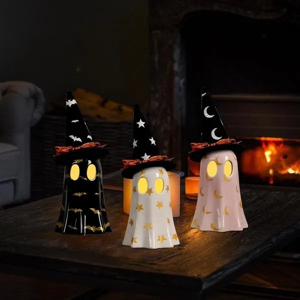 Set of 3 Ceramic Ghost Figurines with Witch Hats – Halloween Tabletop Decor - Image 4