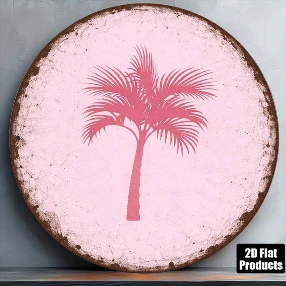 Vintage Pink Palm Tree Round Wall Sign – 8×8" Tropical Decor - Image 2