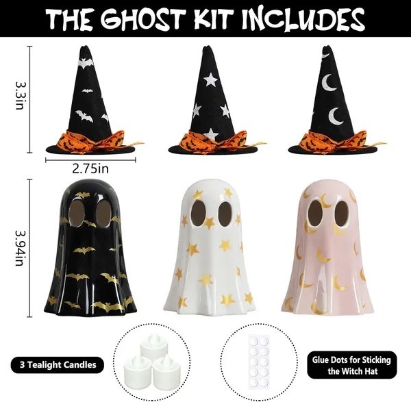 Set of 3 Ceramic Ghost Figurines with Witch Hats – Halloween Tabletop Decor - Image 3