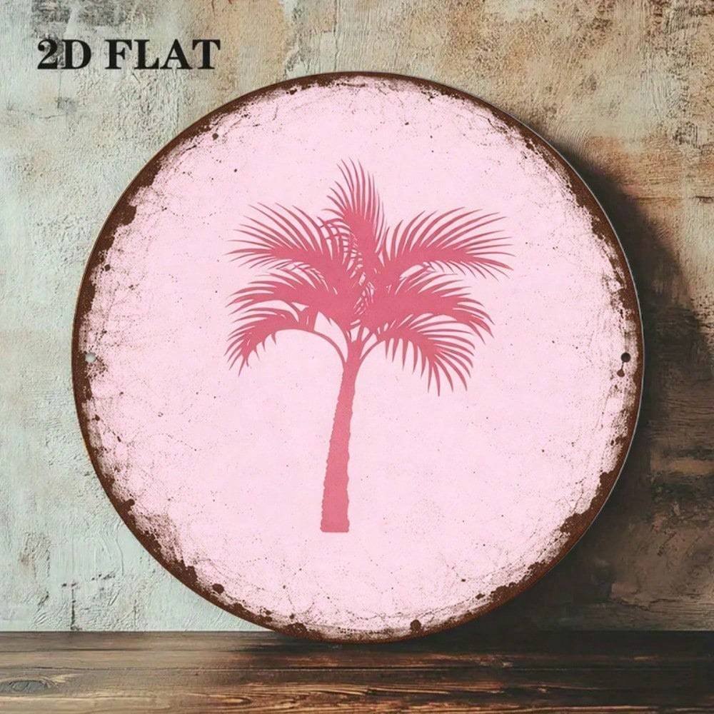 Vintage Pink Palm Tree Round Wall Sign – 8×8" Tropical Decor - Image 4