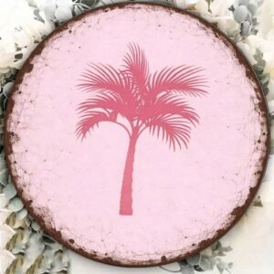 Vintage Pink Palm Tree Round Wall Sign – 8×8" Tropical Decor