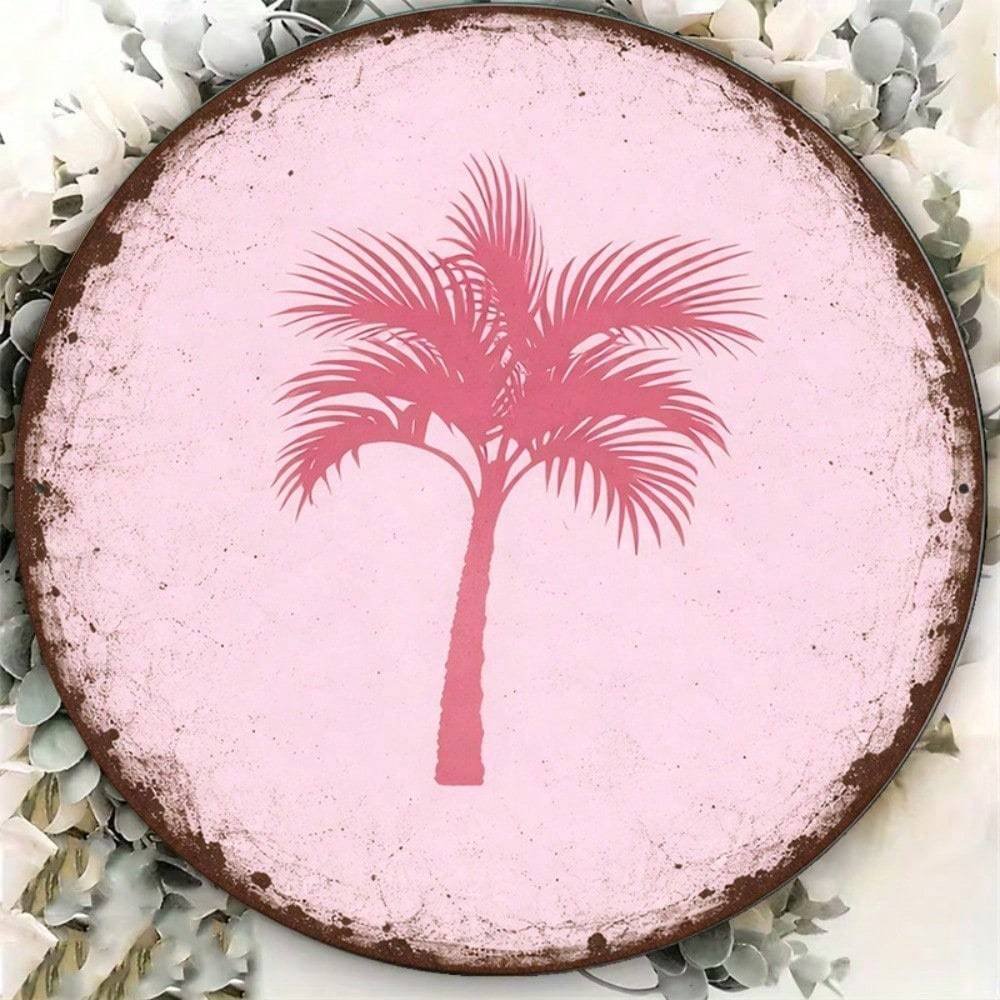 Vintage Pink Palm Tree Round Wall Sign – 8×8" Tropical Decor